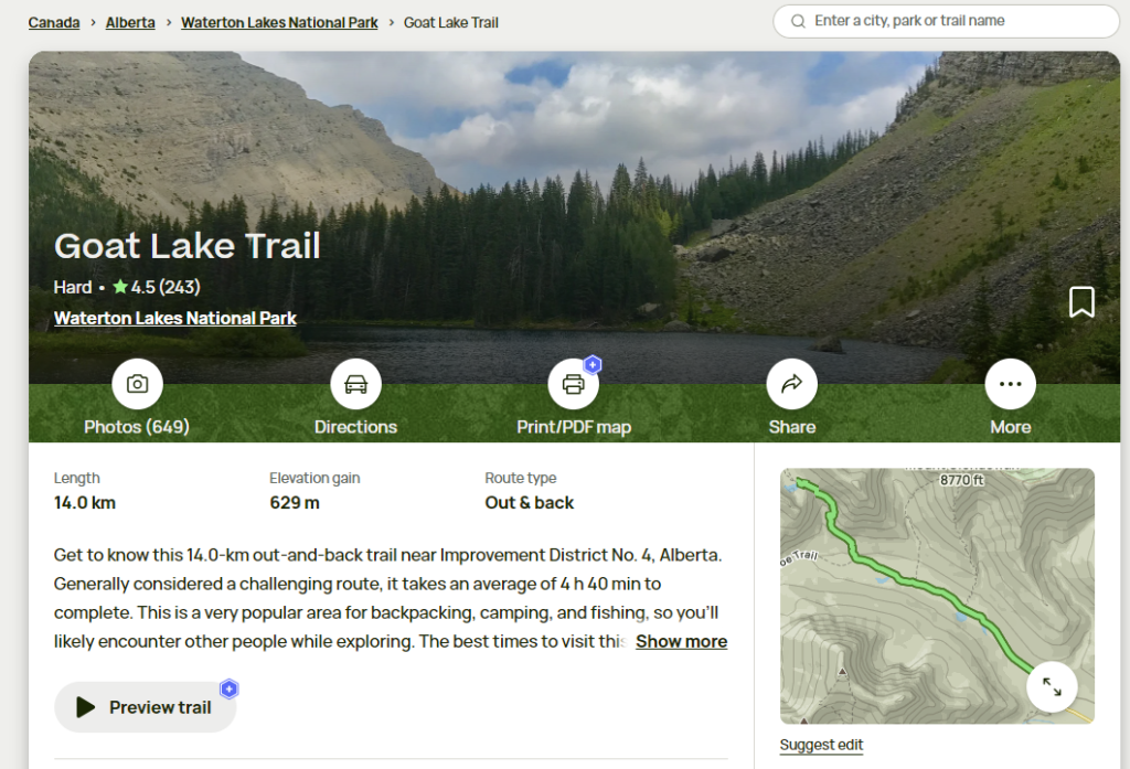 Screenshot of Goat Lake Trail on AllTrails