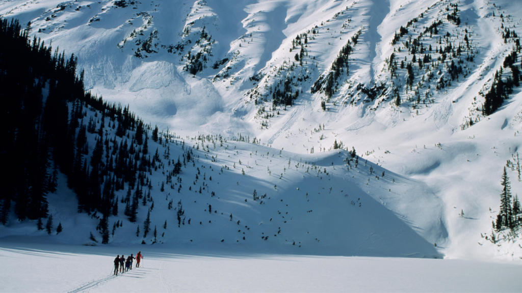 Group of people ski touring, Selkirk Mountains, British Columbia, Canada