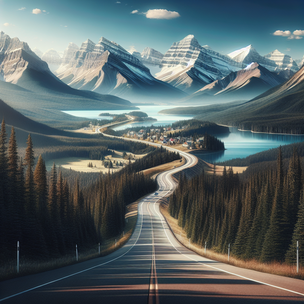 Edmonton to banff - A winding road leads through a mountainous landscape with snow-capped peaks, evergreen trees, and a tranquil lake.