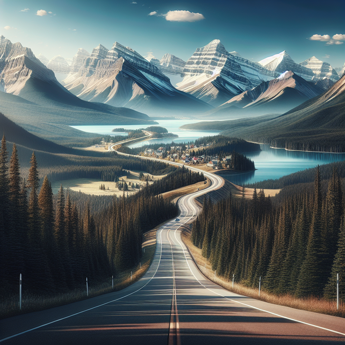 A winding road leads through a mountainous landscape with snow-capped peaks, evergreen trees, and a tranquil lake. Edmonton to banff - A winding road leads through a mountainous landscape with snow-capped peaks, evergreen trees, and a tranquil lake.