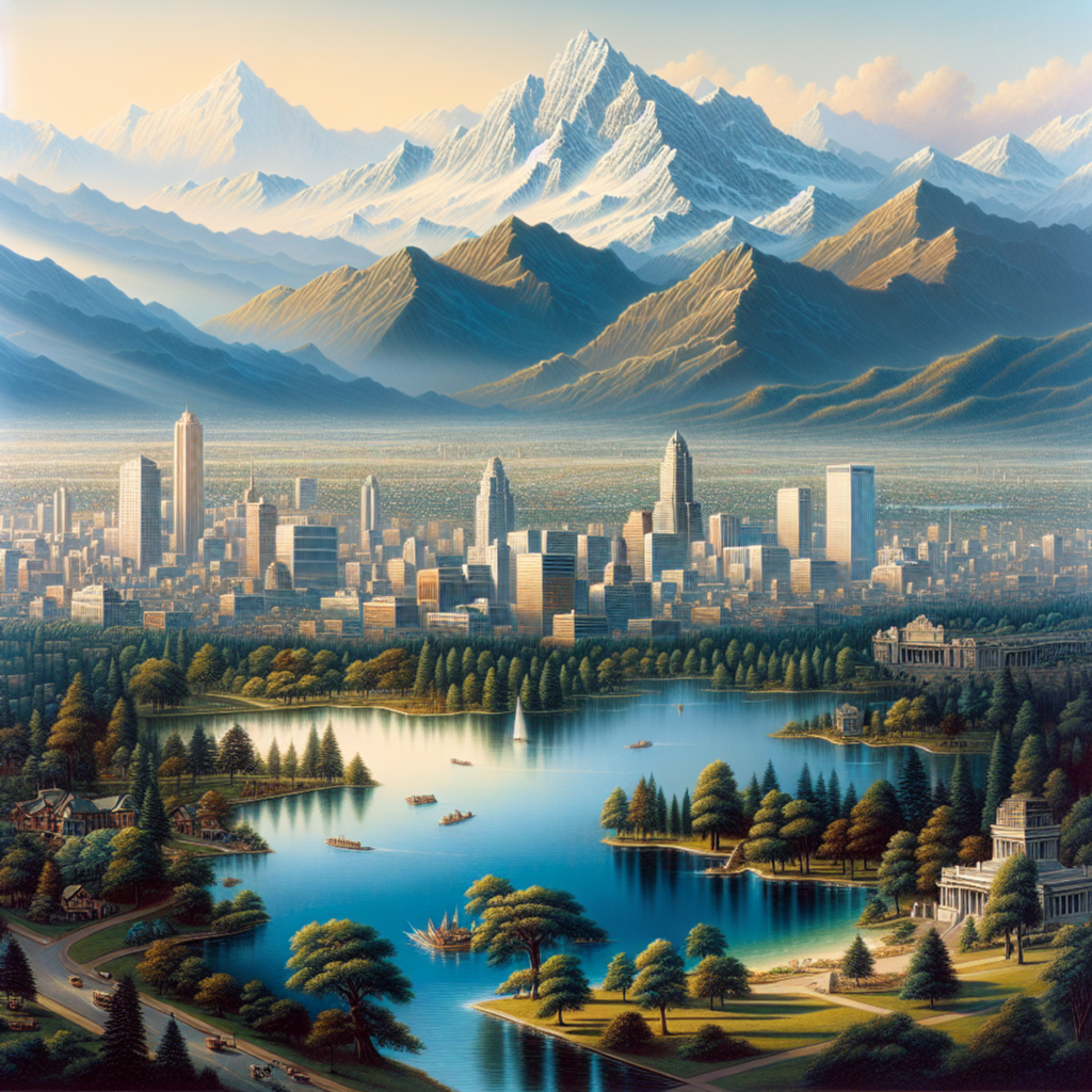 Aerial view of a city skyline with skyscrapers, parks, and busy streets leading to a serene lake reflecting the surrounding mountains, which should represent an image of 5 cities in western Canada.