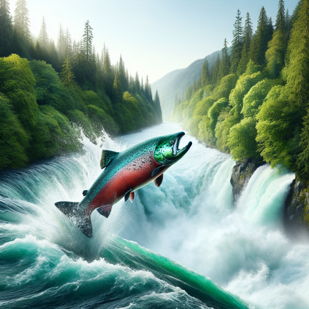 A salmon leaping out of a river surrounded by lush greenery and towering trees.