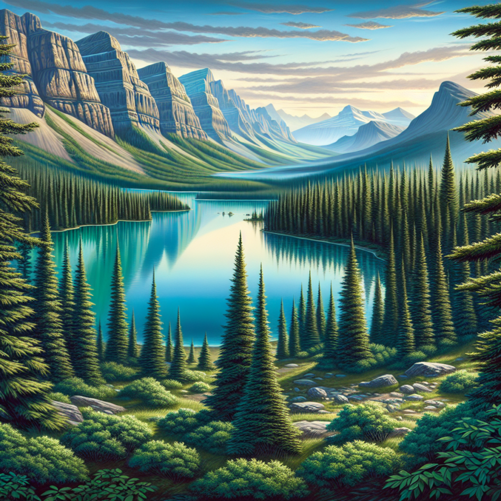 Serene lake surrounded by lush coniferous trees, reflecting the fading sunset in Alberta's wilderness.