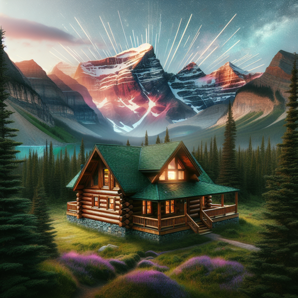 A log cabin nestled in the Canadian Rockies at sunrise, which should represent the Mount Engadine Lodge.