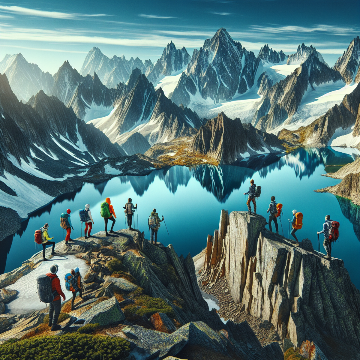 A group of diverse individuals in vibrant outdoor gear standing on an elevated rocky outcrop, surrounded by towering snow-covered peaks and a crystal- A group of diverse individuals in vibrant outdoor gear standing on an elevated rocky outcrop, surrounded by towering snow-covered peaks and a crystal-lake. It should reflect hidden gems awaiting to discover in Western Canada. Your next summer destinations