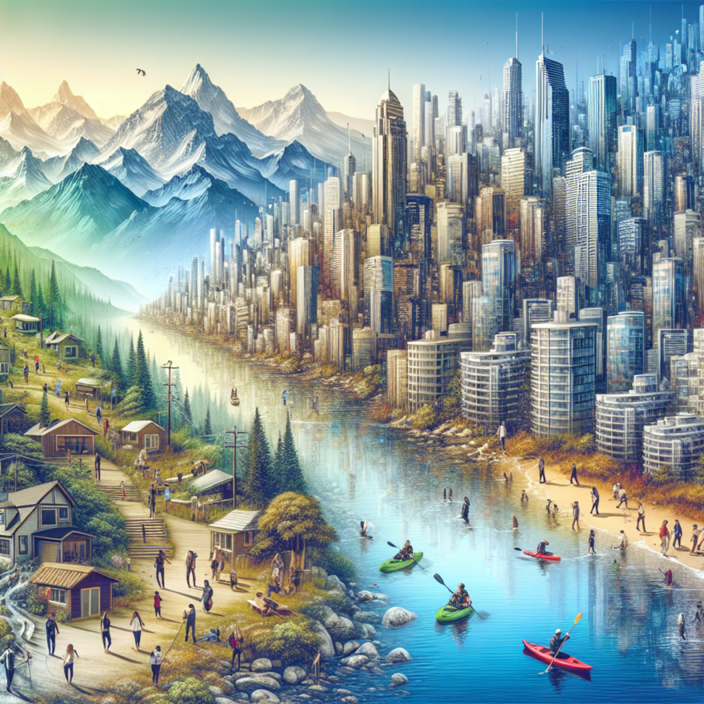 A city skyline with people engaging in various activities such as hiking, kayaking, and fly fishing, with mountains in the background.