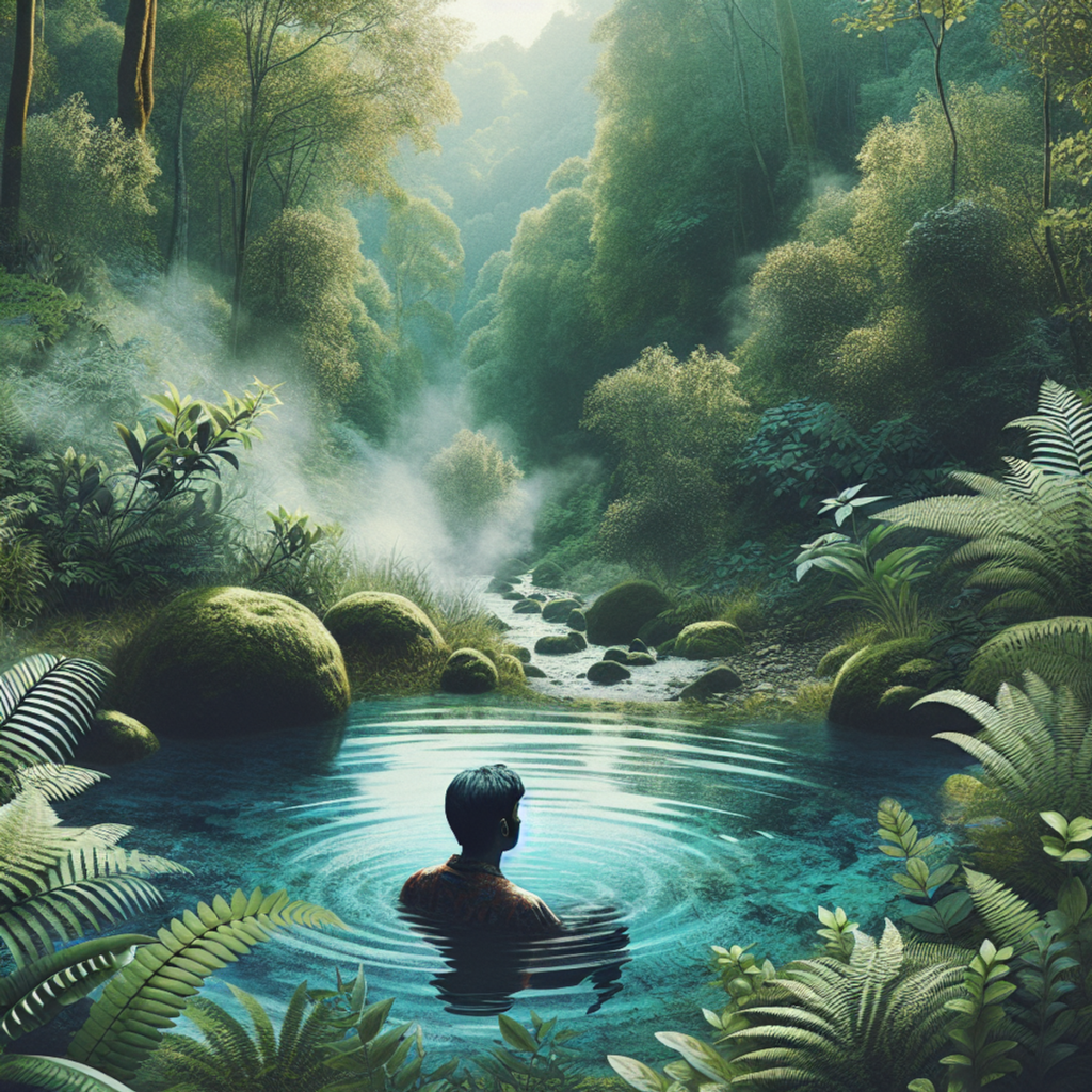 A person of South Asian descent relaxing in a natural hot spring surrounded by lush foliage. It is an introduction to the article about hot springs in BC Canada.