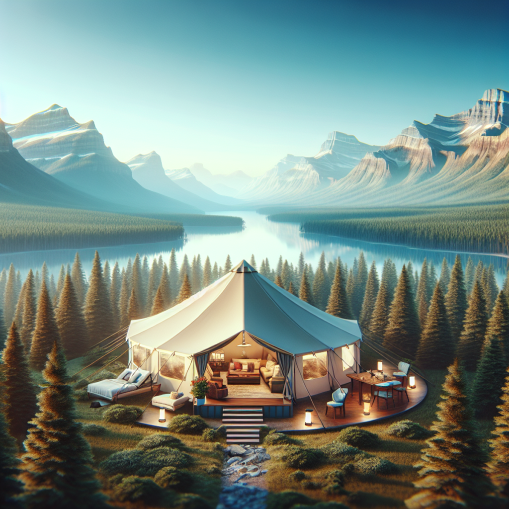 Glamping in Alberta, nestled in wilderness with a backdrop of dense forest, rugged mountains, and clear blue skies.