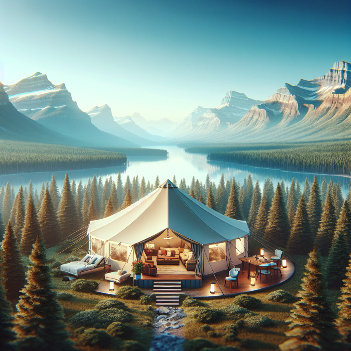 A luxurious tent nestled in the Alberta wilderness with a backdrop of dense forest, rugged mountains, and clear blue skies. Glamping in Alberta, nestled in wilderness with a backdrop of dense forest, rugged mountains, and clear blue skies.