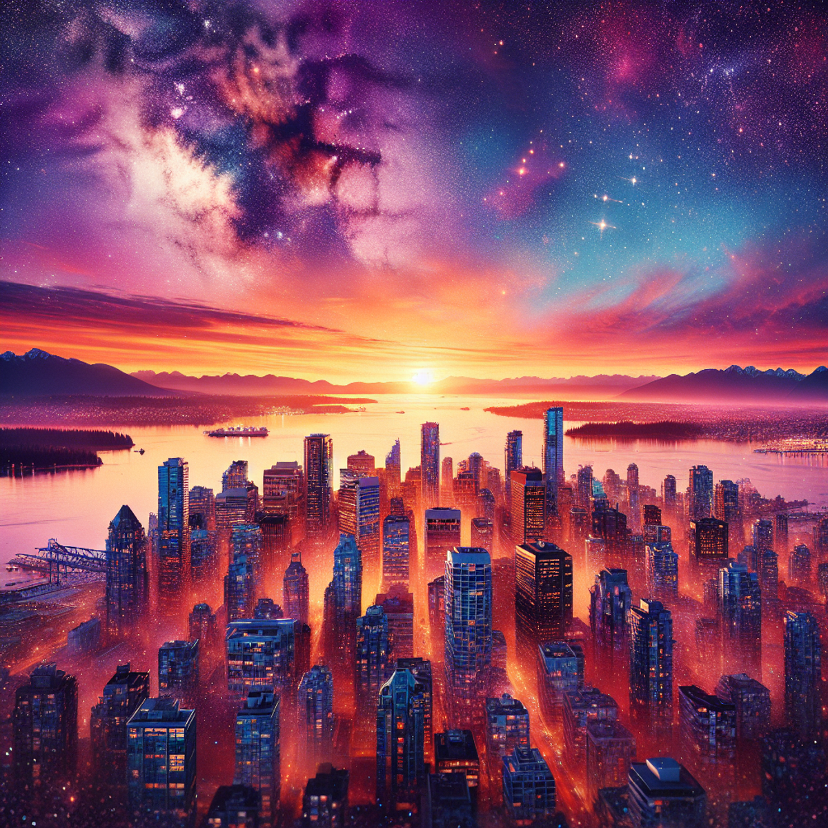 A painting of a city with a sea plane flying over it. A picture that should reflect Vancouver. It is symoblic for a weekend getaway about the things to do this weekend.