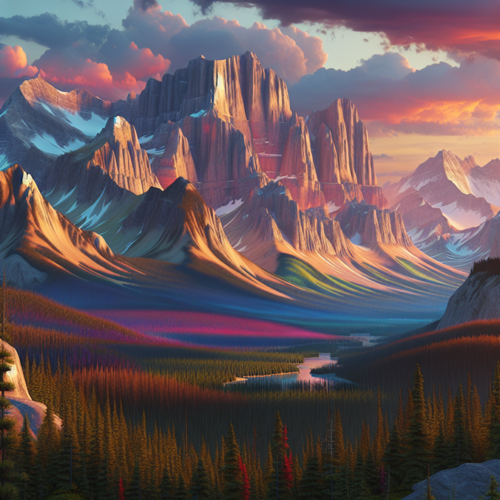 A breathtaking sunset over the Rocky Mountains in Alberta, Canada, with vivid colors reflecting off the towering peaks and expansive forests.