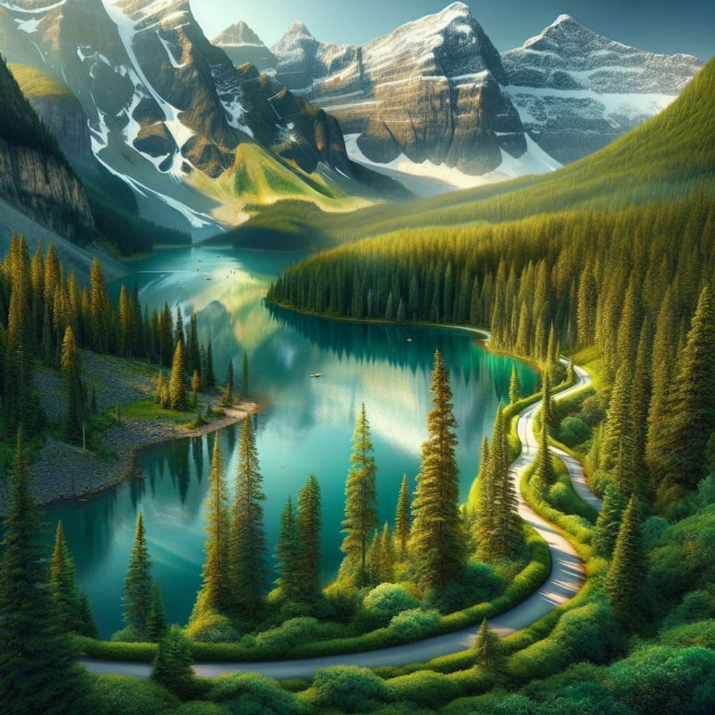 A winding road through Canadian mountains and forests, with shimmering lakes in the distance. Canada Road Trip Itenary