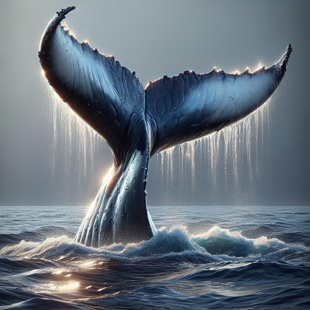 A humpback whale breaching the ocean's surface, with its tail glistening in the sunlight.