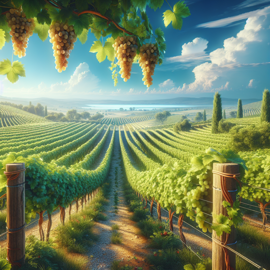 A photo of a lush vineyard with grapevines stretching into the distance under a clear blue sky. Representation of Wine Tours in Kelown Region