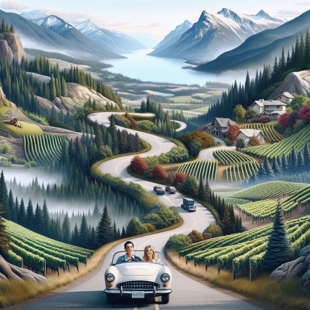 A realistic depiction of a winding path through British Columbia's diverse landscapes, featuring lush forests, towering mountains, and glimpses of vin