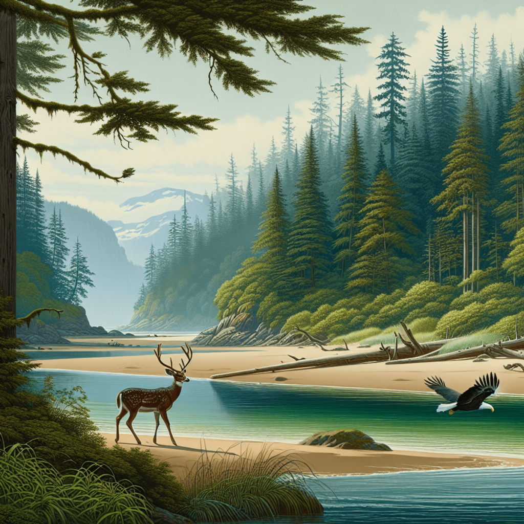 A serene image of a Western Canada coastal trail, featuring dense green forests with tall, majestic trees forming a natural canopy above. In the backg