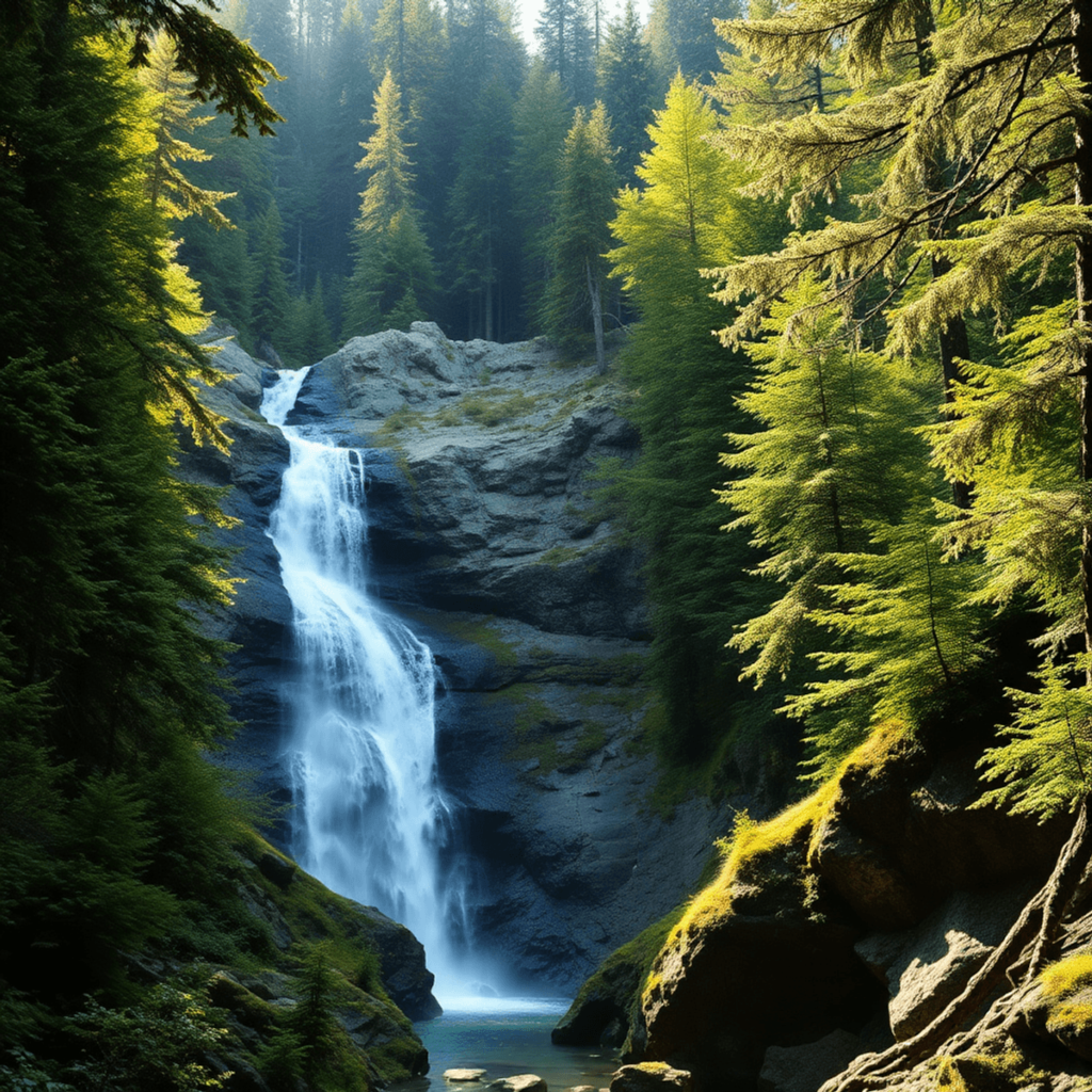 A hidden waterfall tumbles down rugged rocky cliffs, surrounded by vibrant green forests in Western Canada.