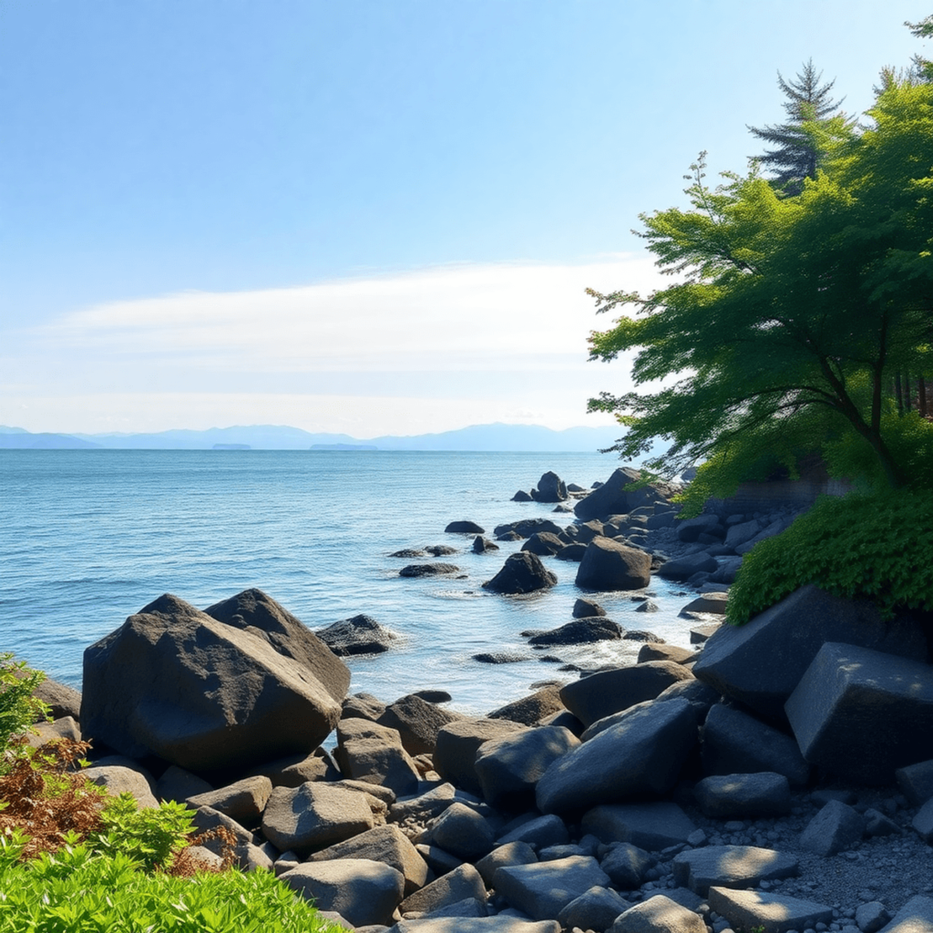 A serene coastal park in Vancouver showcasing lush greenery, rocky shorelines, and calm ocean waves, with distant mountains creating a tranquil atm...