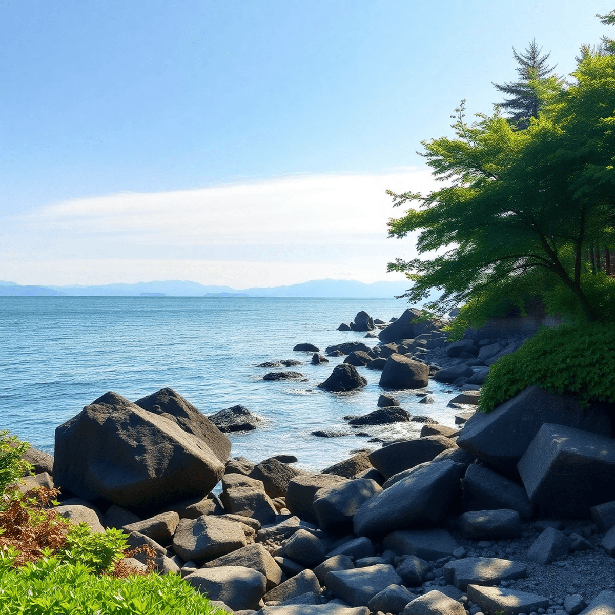 A serene coastal park in Vancouver showcasing lush greenery, rocky shorelines, and calm ocean waves, with distant mountains creating a tranquil atm… A serene coastal park in Vancouver showcasing lush greenery, rocky shorelines, and calm ocean waves, with distant mountains creating a tranquil atm...
