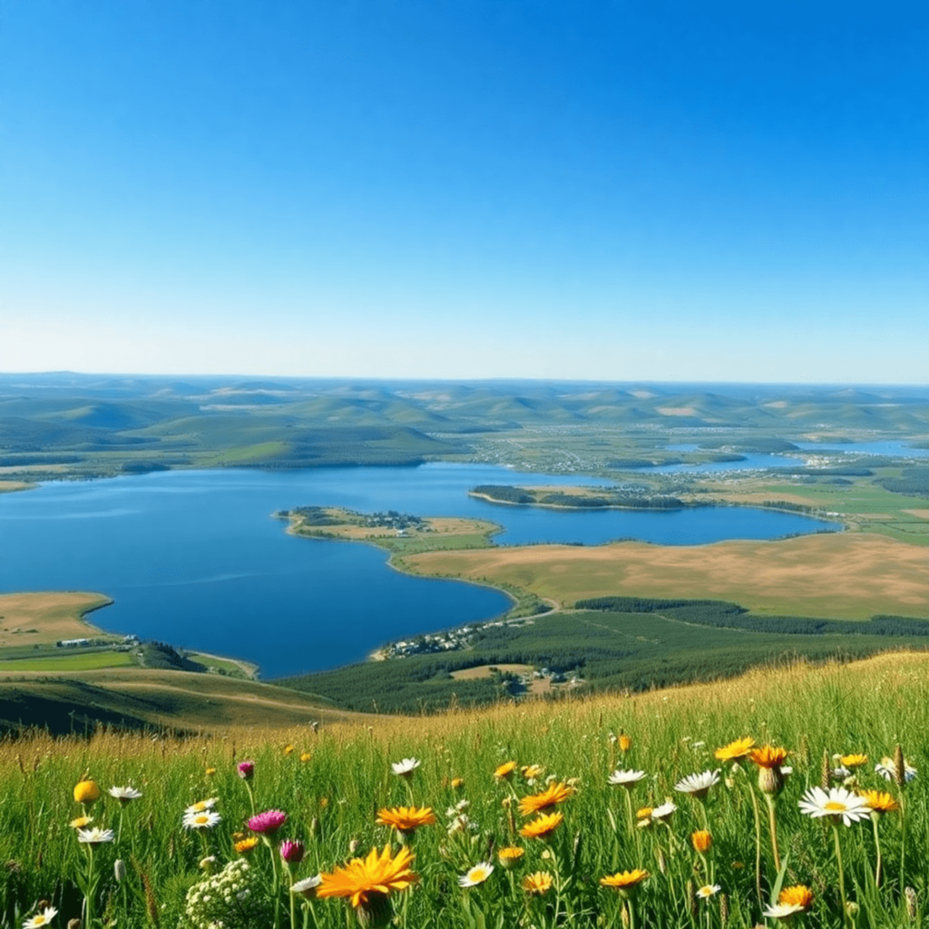 A panoramic view of Saskatchewan prairies under a clear blue sky, with serene lakes, rolling hills, wildflowers in the foreground, and small towns ...