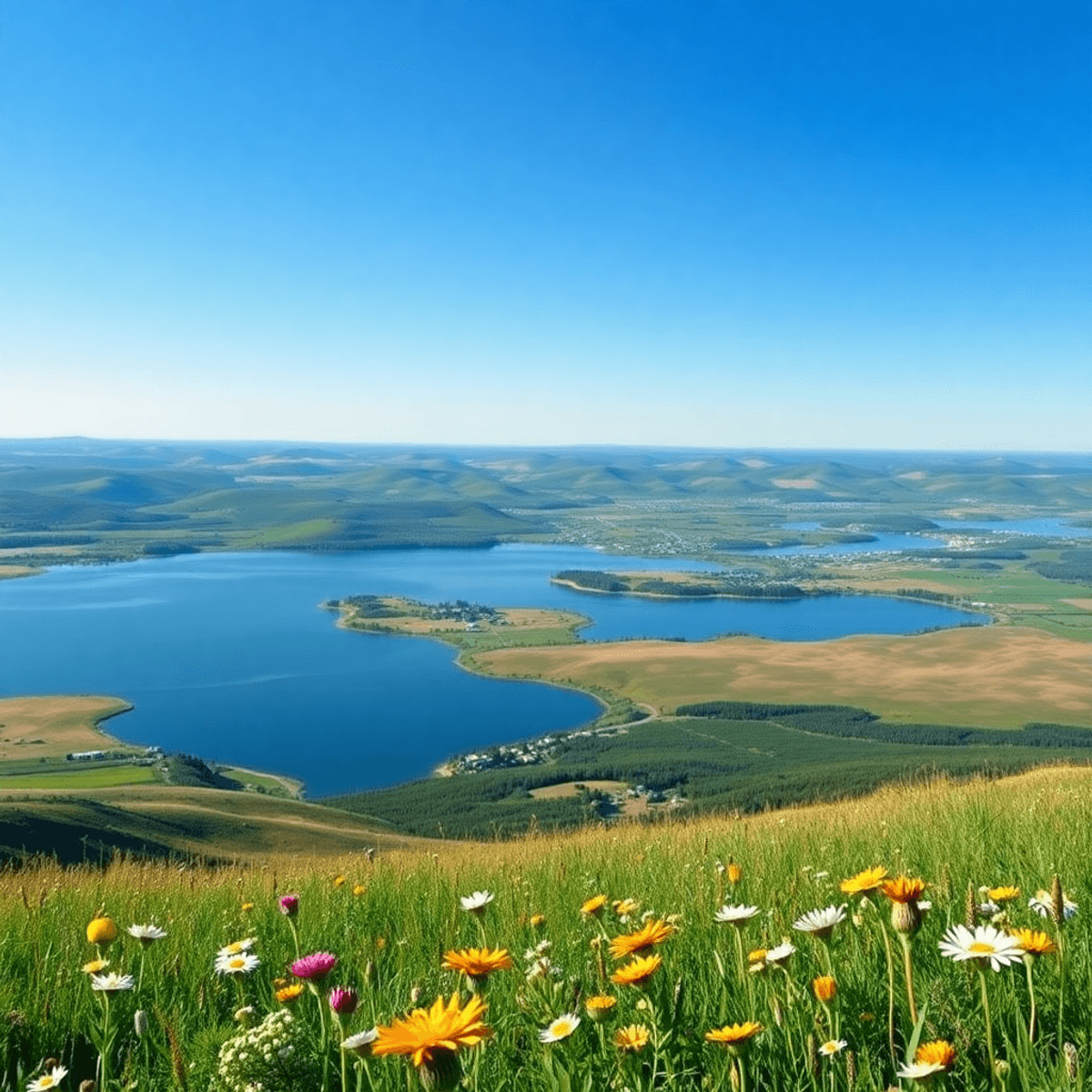 A panoramic view of Saskatchewan prairies under a clear blue sky, with serene lakes, rolling hills, wildflowers in the foreground, and small towns ...